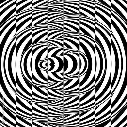 Pattern with optical illusion. Black and white design. Abstract striped background. Glitch abstract background. Distortion effect, bug and error. Vector for brochure, presentation, cover, flyer, etc.