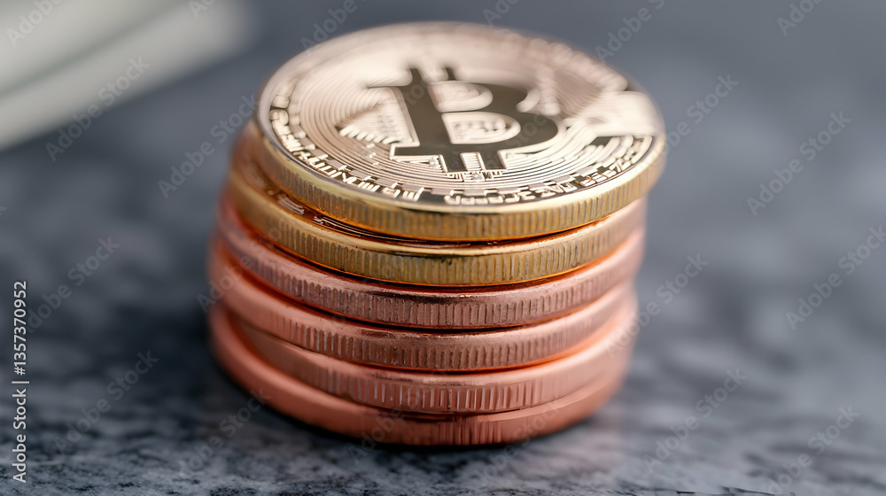 Close-up of Stacked Bitcoin Coins on Dark Surface Close-up of Stacked Bitcoin Coins on Dark Surface