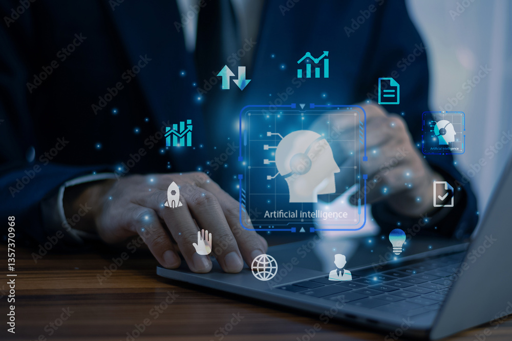 Businessman using generative ai overview for project managers fund invetment and data analysis.