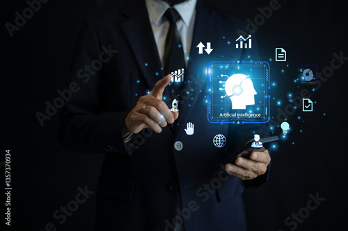 Businessman using generative ai overview for project managers fund invetment and data analysis.