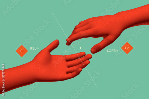 Hands reaching towards each other. Concept of human relation, togetherness or  partnership. 3D vector illustration. Design for banner, flyer, poster, cover or brochure.