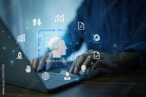 Businessman using generative ai overview for project managers fund invetment and data analysis.