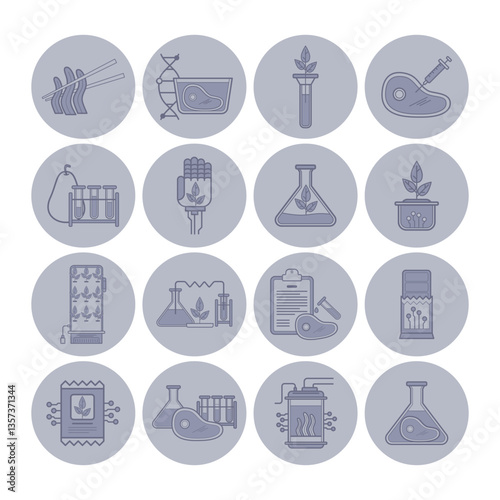 Collection of line icons depicting various laboratory equipment and instruments, illustrating range of scientific activities and research tools