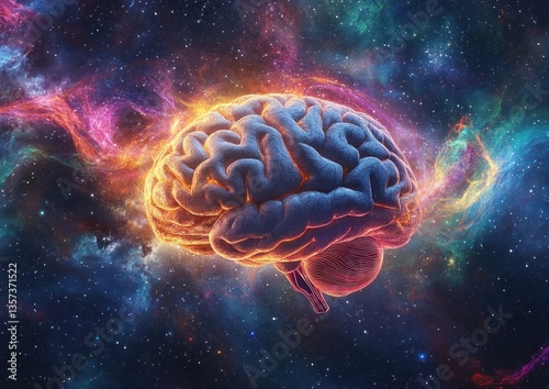 A human brain surrounded by cosmic nebulas and a starry background