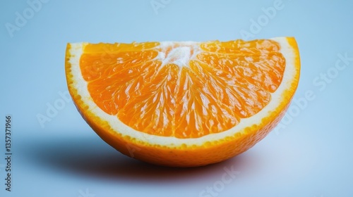 Vibrant orange slice against a light blue backdrop showcasing fresh citrus fruit for healthy eating and lifestyle concept with bright and inviting visual appeal