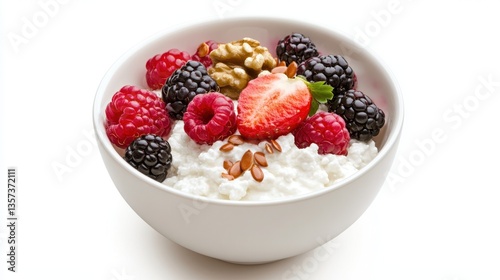 A creamy cottage cheese bowl with walnuts flaxseed topped with fresh berries and oats for a nutritious breakfast or healthy snack option today