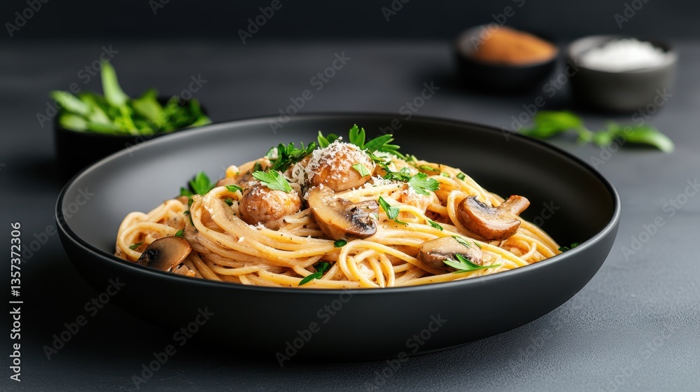 A creamy homemade mushroom pasta dish with fresh ingredients served in a bowl garnished with herbs and spices for a delightful culinary experience A creamy homemade mushroom pasta dish with fresh ingredients served in a bowl garnished with herbs and spices for a delightful culinary experience