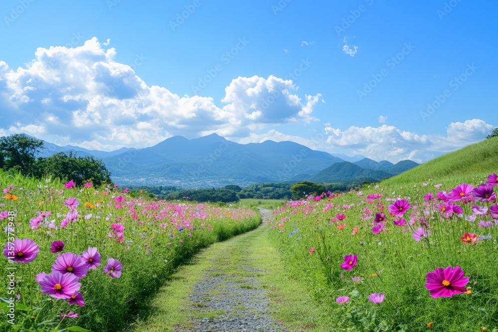 Obraz premium A smoothly winding road through lush fields of multicolored flowers