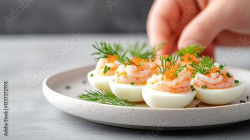 A gourmet serving of scandinavian-style deviled eggs with shrimp and dill on a decorative plate perfect for elegant gatherings and celebrations