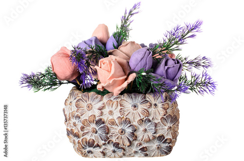 Obraz na płótnie Artificial Flowers in Decorative Stone Pot w salonie
