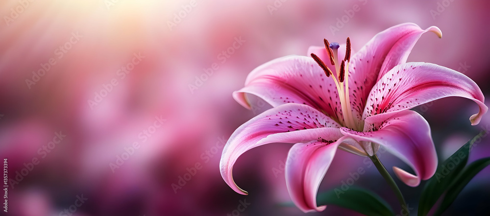 Naklejka premium A stunning close-up of a pink lily bloom, showcasing its delicate petals and vibrant colors against a softly blurred background.