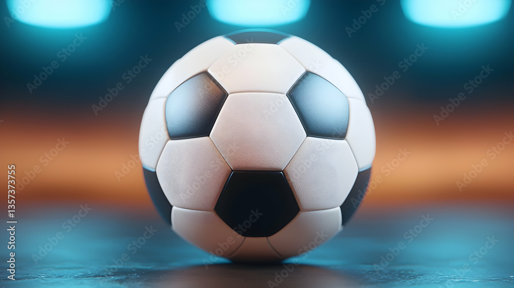 Obraz premium Close Up of Wet Soccer Ball Under Blue and Orange Lights