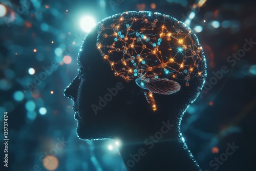 An illuminated human head showing neural networks and brain activity