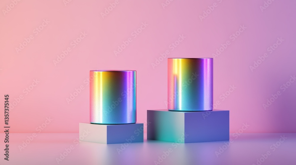 Two Iridescent Cylindrical Objects on Light Purple Cube Pedestals Against a Soft Pink Background Illuminated by Gradient Light in Artistic Display Two Iridescent Cylindrical Objects on Light Purple Cube Pedestals Against a Soft Pink Background Illuminated by Gradient Light in Artistic Display