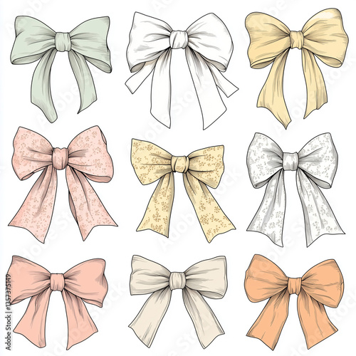 A collection of beautifully illustrated bows in pastel colors, perfect for gift wrapping, invitations, or festive decorations