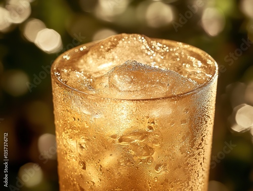 Glass of drink with ice cubes, featuring water droplets on the surface, suggesting a cold and refreshing beverage.