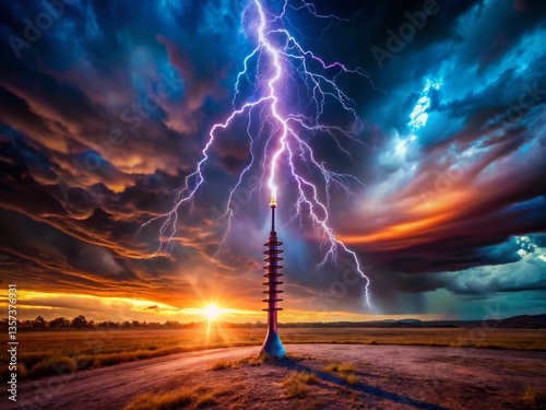 Surreal Lightning Rod: Twisted Metal & Celestial Storm - Stock Photo