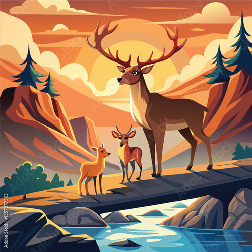 A Deer and Fawn Standing Together on a Rocky Bridge Over a Serene River Under a Vibrant Sunset Sky