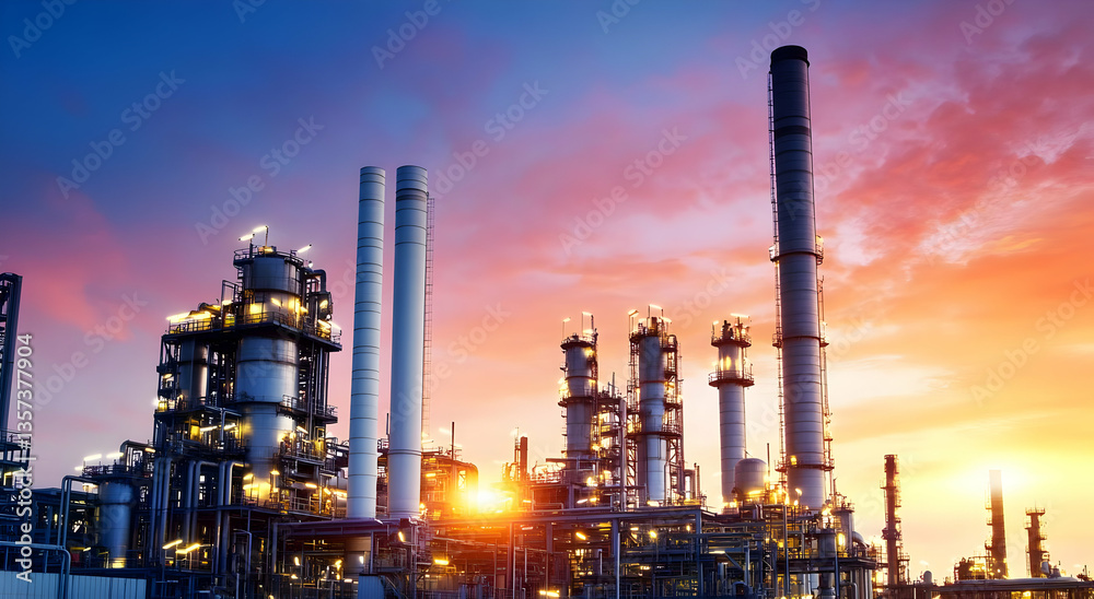 Obraz premium A stunning image of an industrial plant at sunset, showcasing towering smokestacks and vibrant colors in the sky.