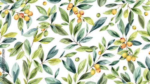 Watercolor pattern green leaves white background	