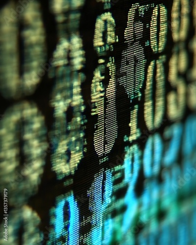 Close - up of blurry binary code on a screen, representing digital information and computer language.
