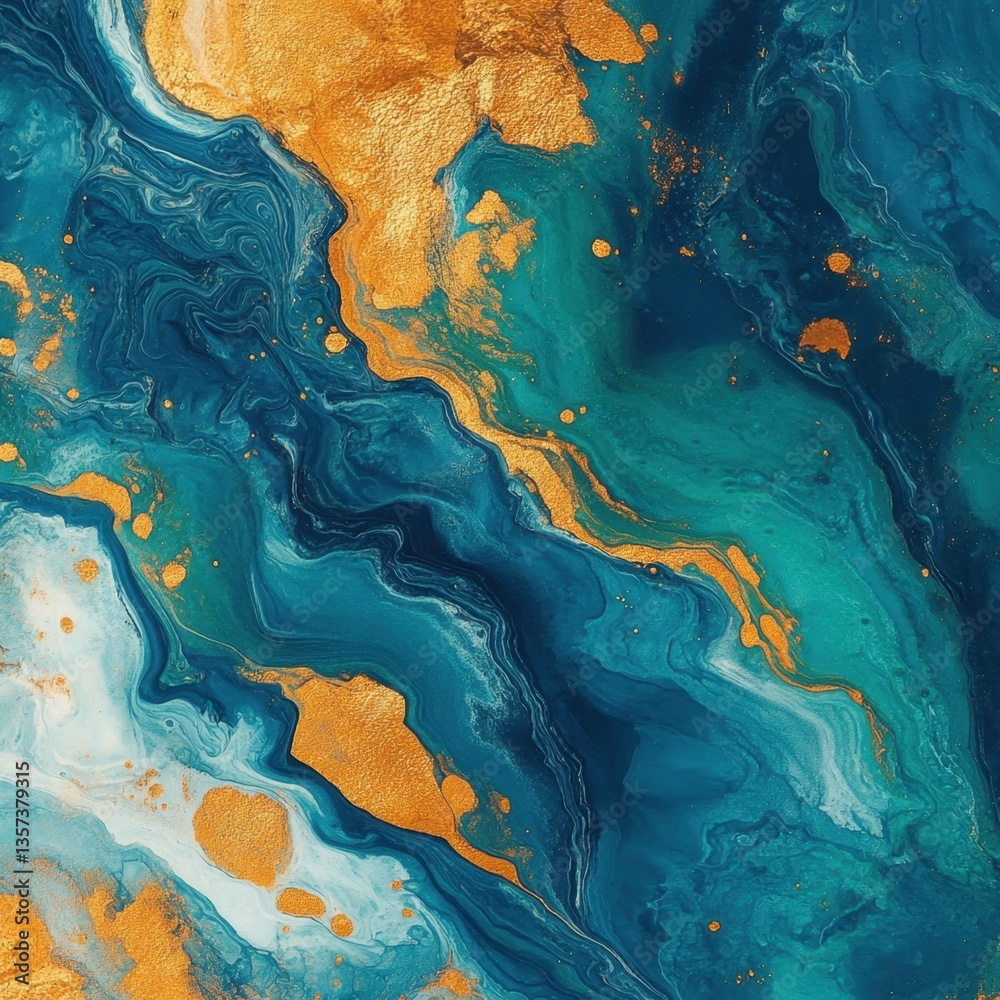Fototapeta premium Abstract fluid art in teal and gold with captivating swirls and shimmering textures for elegant design projects