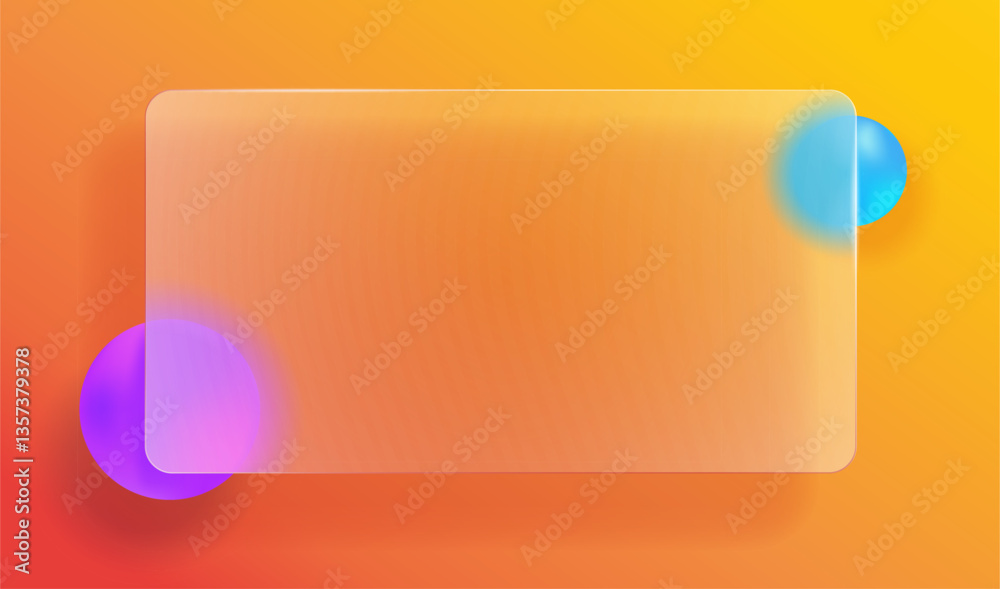 Frosted glass plastic window text box frame illustration with blurred round shapes design for ui interface screens or website modern graphic element, morphism style yellow orange red background image