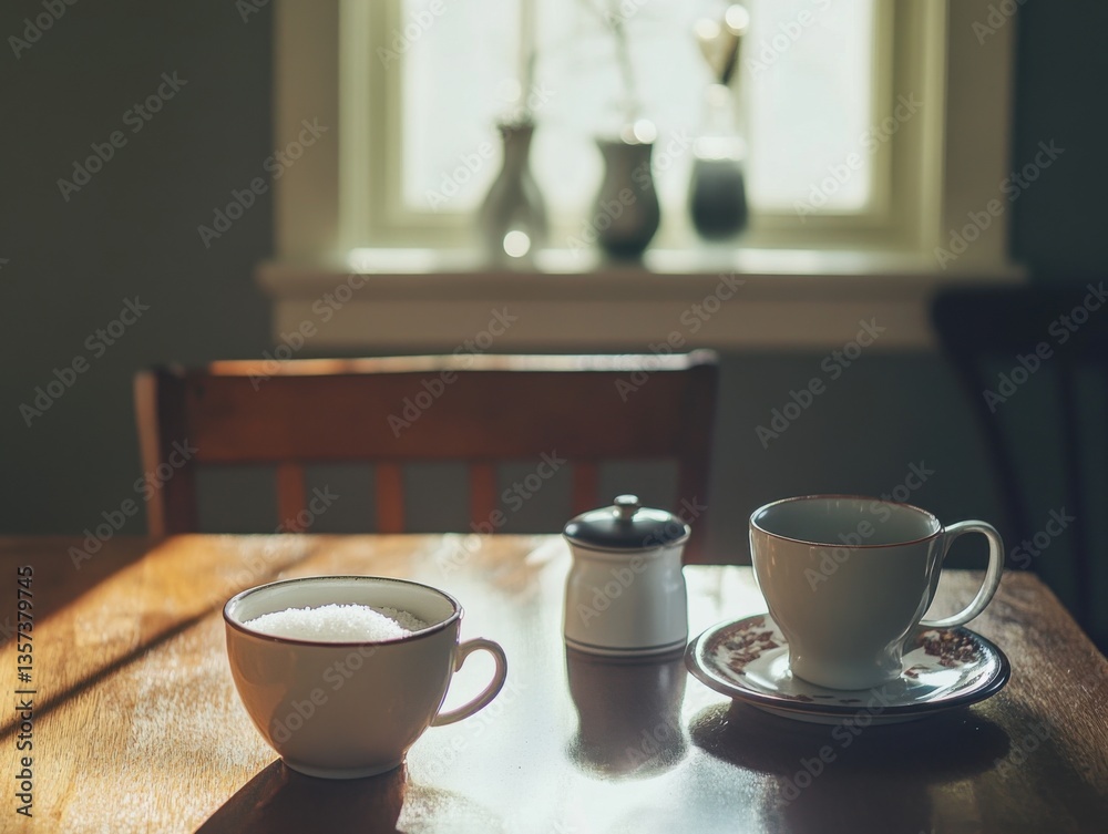 Salt shaker in dining setting with morning light and negative space on left Salt shaker in dining setting with morning light and negative space on left