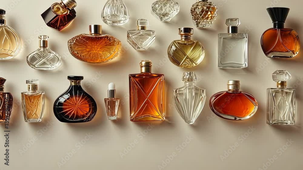Flat lay of vintage glass perfume bottles with floral extracts, World Aromatherapy Day.
