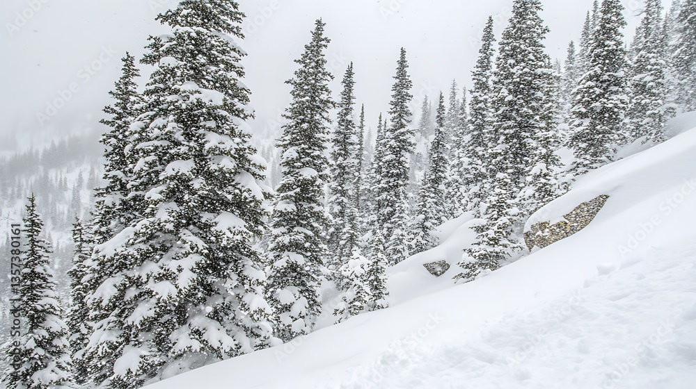 Snow-covered pine trees on a snowy hillside. Snow-covered pine trees on a snowy hillside.