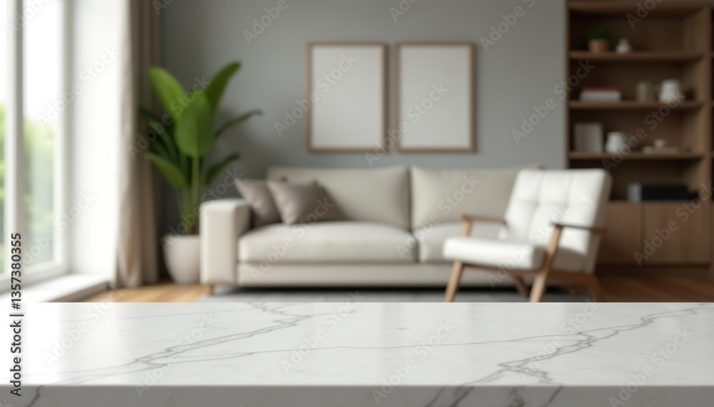 Fototapeta premium Blurry living room background with a marble table in the foreground providing ample copy space, space, design