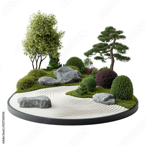Miniature zen garden with rocks, sand, and diverse plants, white isolate background