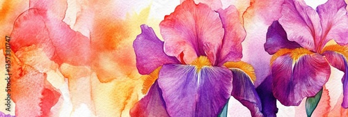 Vibrant Watercolor Iris Blossoms: A Retro Textile Illustration with Beautiful Abstract Colours