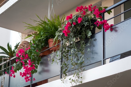 Vibrant Balcony Garden with Cascading Bougainvillea and Lush Greenery photo