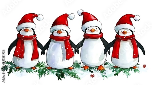 Four penguins in Santa hats and scarves on snow.