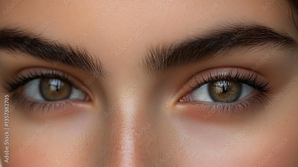A close-up portrait photograph of a pair of brown eyes with freckled skin around, thick eyebrows, soft lighting, blurred background A close-up portrait photograph of a pair of brown eyes with freckled skin around, thick eyebrows, soft lighting, blurred background