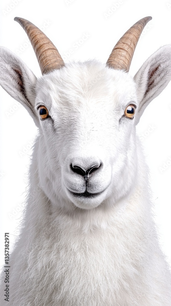 Fototapeta premium Close Up Portrait of a Fluffy White Goat with Short Horns