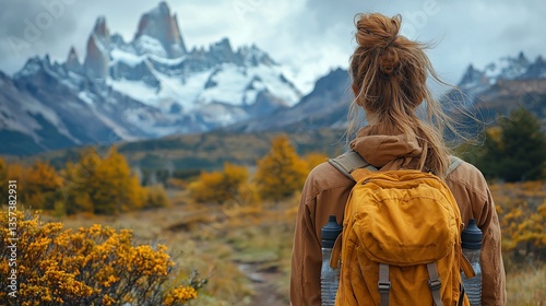 Woman hiker autumn Patagonia mountains landscape travel