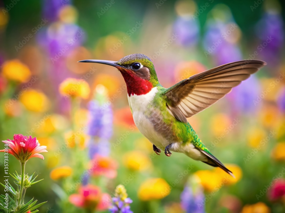 Fototapeta premium Texas Hummingbird in Flight, Bokeh Background, Blurred Flowers, Nature Photography