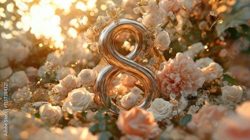 Elegant Golden Number Eight Surrounded by Fresh Flowers  