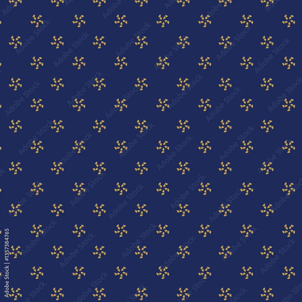 Fototapeta premium Abstract small golden flowers motif pattern blue background. Modern floral fabric design textile swatch, ladies dress, man shirt, fashion garment, silk scarf all over print block.