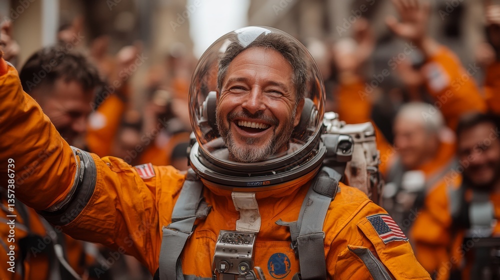 Fototapeta premium Astronauts wearing bright orange suits rejoice in a jubilant celebration after successfully completing a spaceflight mission involving reentry and recovery efforts.