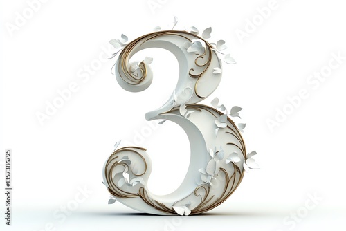 Stylized number three with floral design elements and elegant curves.