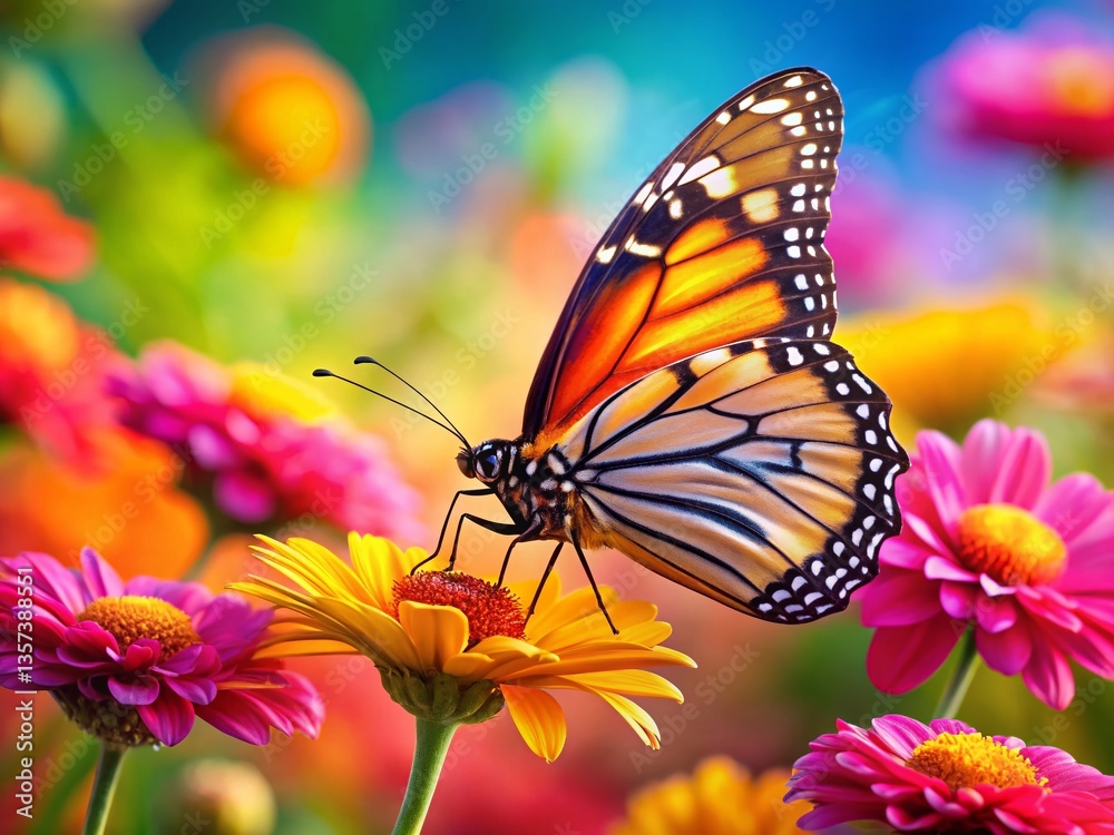Fototapeta premium Vibrant Butterfly on Blooming Flower Clipart - Spring Nature Illustration