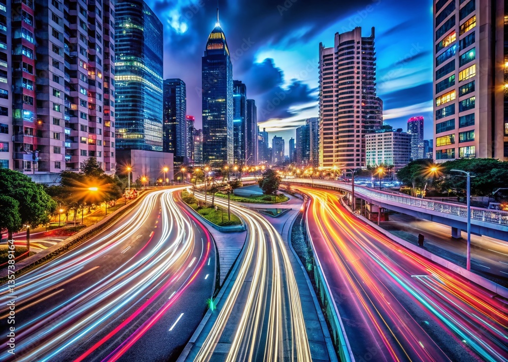 Fototapeta premium Vibrant City Lights Long Exposure Photography - Urban Night Scene