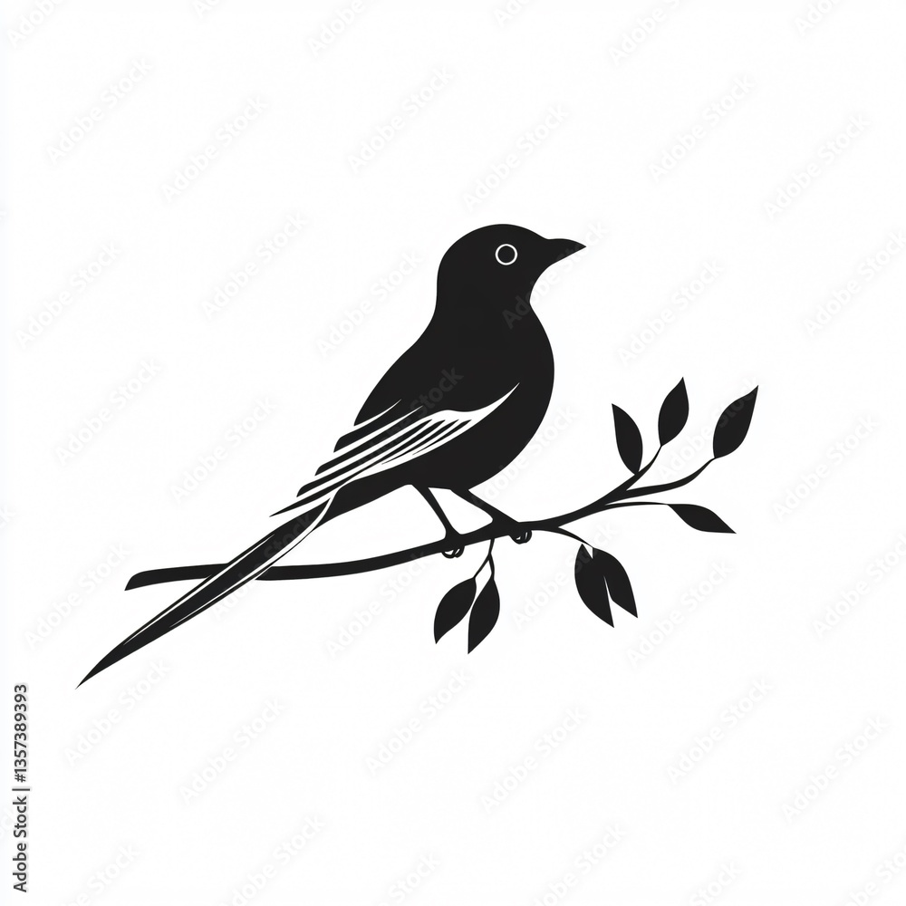 Minimalist bird silhouette perched on slender twig with clustered leaves Minimalist bird silhouette perched on slender twig with clustered leaves