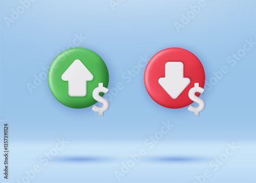 3D Dollar price up and down icon. Dollar sign with arrow moving. Currency rising and falling. Business and financial concept. Minimalist cartoon icon. 3D vector render illustration.