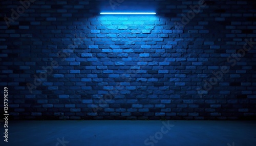 blue neon light casting a vibrant glow on a textured brick wall in the darkness of night,  glowing,  nightlife