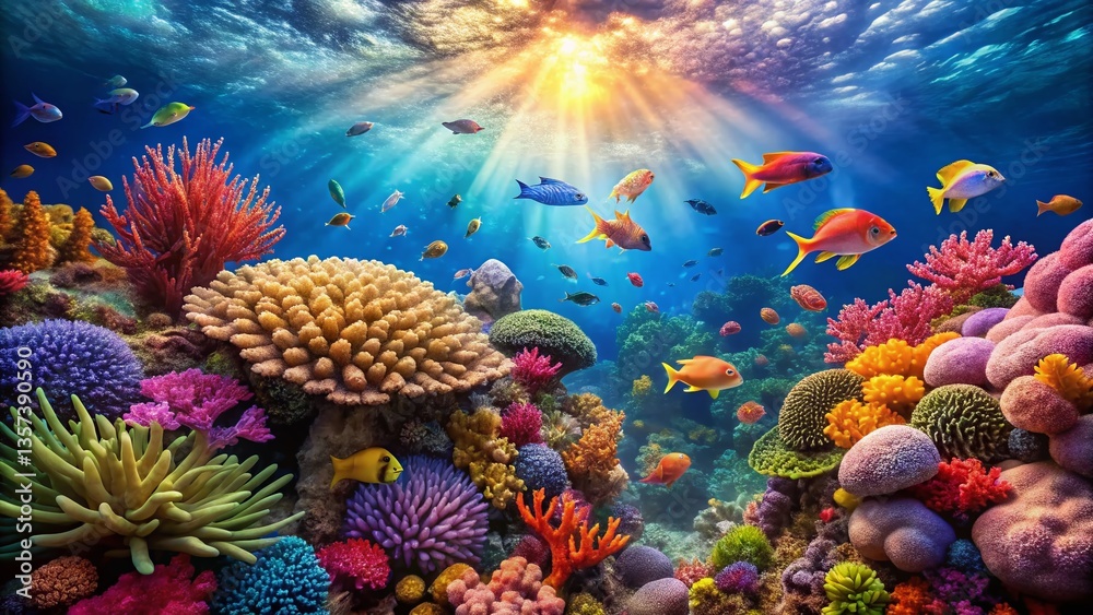 Fototapeta premium Vibrant Coral Reef Underwater Scene, Great Barrier Reef Australia Stock Photo