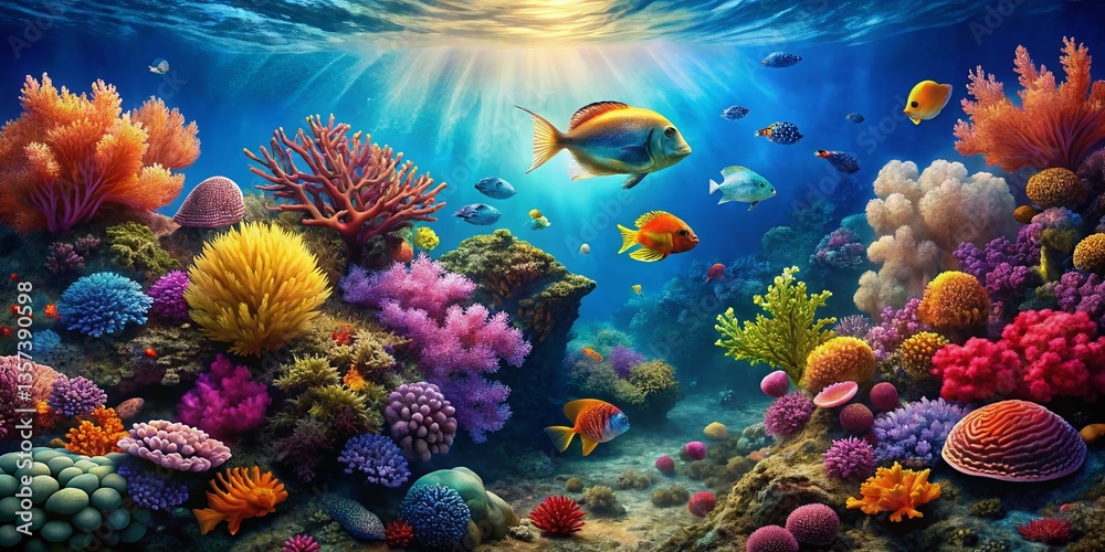 Fototapeta premium Vibrant Coral Reef Scene, Isolated on White Background - Stock Photo